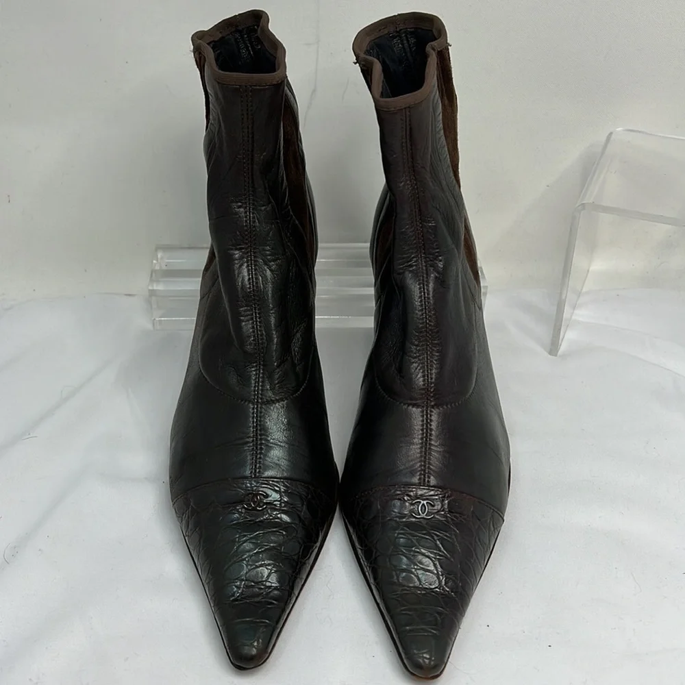 Chanel Sz 8 Brown Leather Croc and Suede Ankle Length Sock Kitten Heel Boots